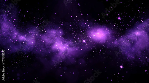 Purple powder clouds texture. Abstract effect of color mist or smog with glitter particles. Vector realistic illustration of violet steam, magic dust splash with sparkles on black background