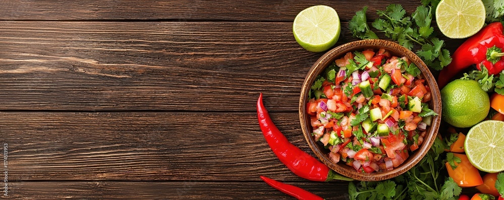 Fresh Salsa with Lime, Cilantro, Tomatoes, Peppers, and Spices on Wooden Table Background Fresh Salsa with Lime, Cilantro, Tomatoes, Peppers, and Spices on Wooden Table Background