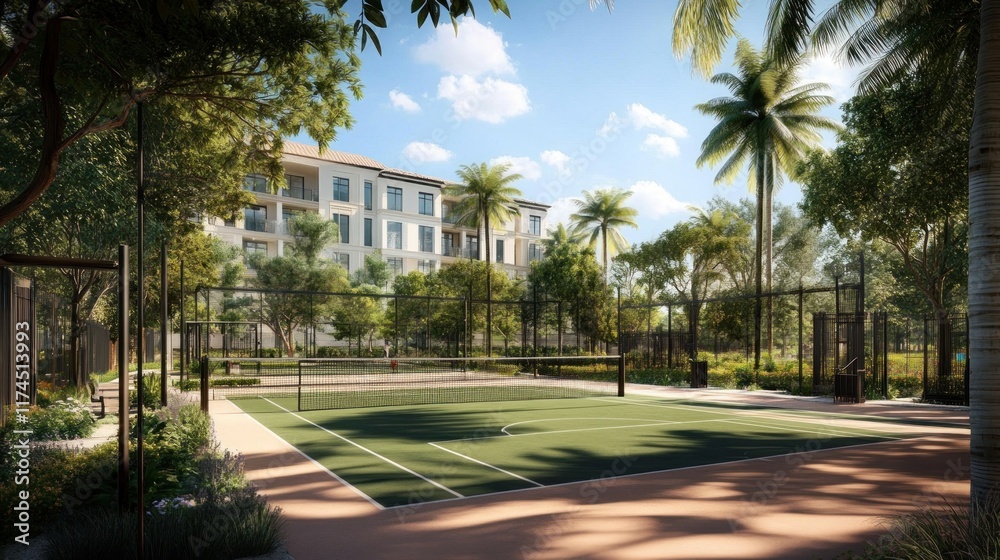 Fototapeta premium A Modern Tennis Court in a Lush Tropical Setting