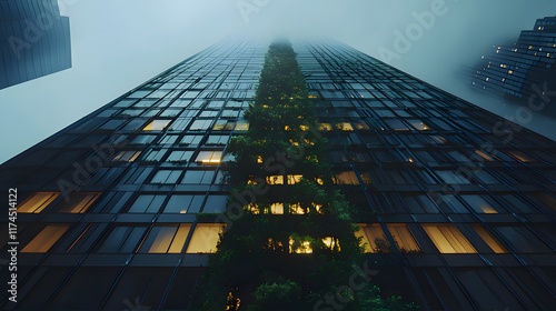 Wallpaper Mural A tall building shrouded in fog, featuring greenery along its facade. Torontodigital.ca