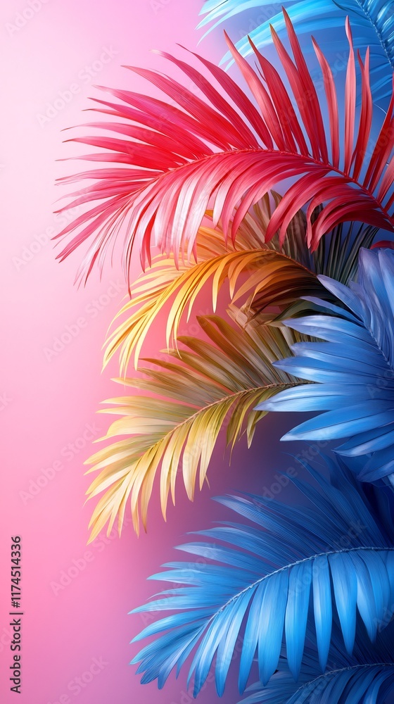Obraz premium Vibrantly Colored Palm Fronds: A Striking 3D Render in Bold, Abstract Style. AI Generated