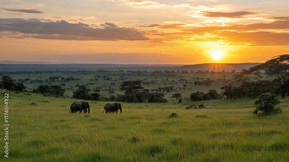 Two elephants graze in a lush landscape during a stunning sunset. Two elephants graze in a lush landscape during a stunning sunset.