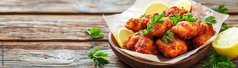 Crispy Fried Chicken Bites with Fresh Lemon and Green Herbs on Wooden Table Surface Crispy Fried Chicken Bites with Fresh Lemon and Green Herbs on Wooden Table Surface