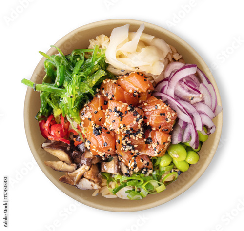 A vibrant poke bowl with fresh salmon cubes topped with sesame seeds, seaweed salad, edamame, pickled ginger, red onion, mushrooms, and rice. A colorful, healthy Hawaiian-inspired dish