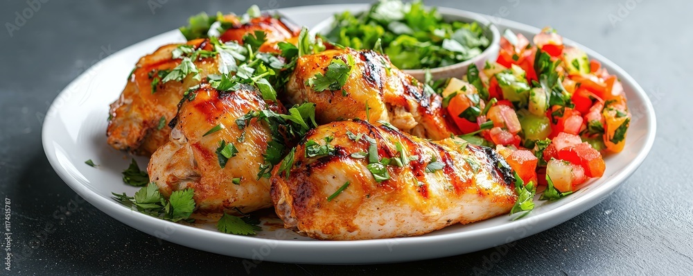 Grilled Chicken Breasts Served with Fresh Salad and Herbs on White Plate in Gourmet Style Grilled Chicken Breasts Served with Fresh Salad and Herbs on White Plate in Gourmet Style
