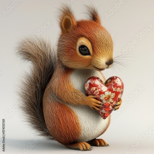 Cute Squirrel Holding a Heart Shaped Gift, Adorable Fur Detail and Expressive Features, Perfect for Valentine’s Day or Love Themes photo