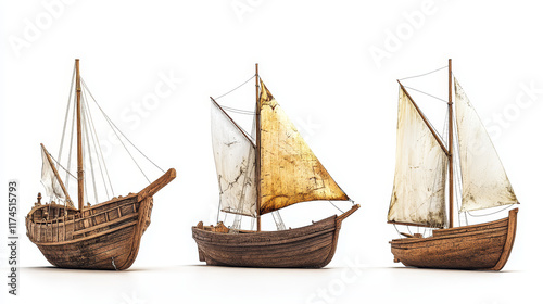 Wooden ships, isolated wood boats with white sails. Old and new battleships, barges after shipwreck and sea battle with ragged sails and broken planks on white background, Cartoon vector illustration photo