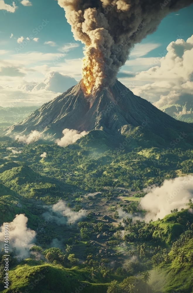 Obraz premium Majestic eruption of volcano with smoke and lava in lush green landscape