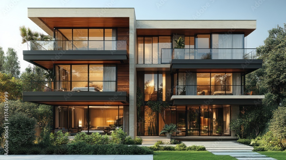Fototapeta premium Modern luxury house with large windows, wooden accents, and balconies.