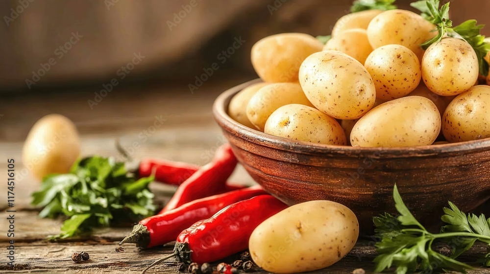 Fresh Raw Potatoes with Red Chili Peppers and Green Herbs Displayed Fresh Raw Potatoes with Red Chili Peppers and Green Herbs Displayed