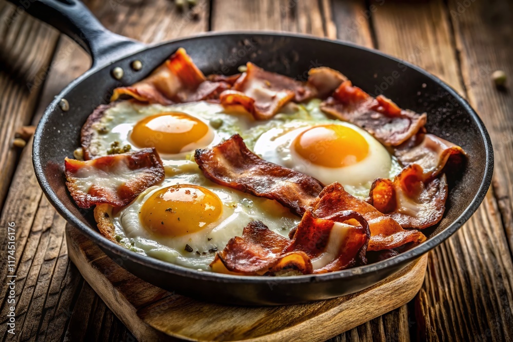 Crispy Bacon and Eggs Breakfast Close-Up - Delicious Fried Food Stock Photo Crispy Bacon and Eggs Breakfast Close-Up - Delicious Fried Food Stock Photo