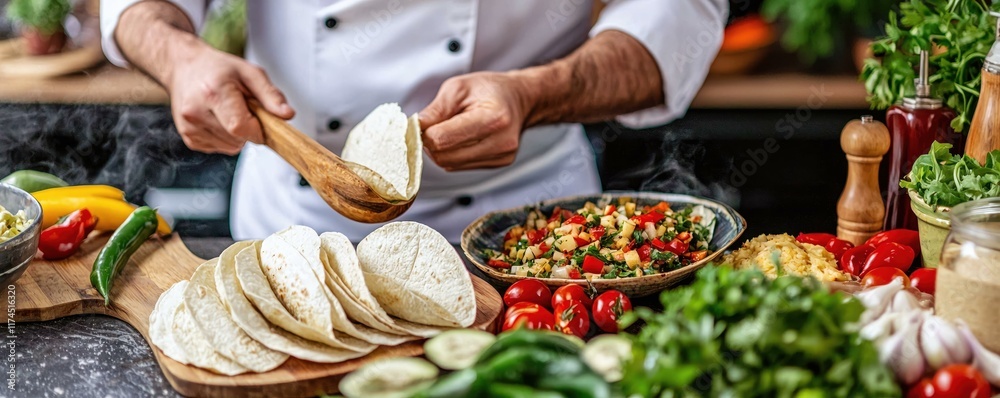 Obraz premium Chef Preparing Fresh Ingredients for Delicious Homemade Tacos with Vibrant Vegetables