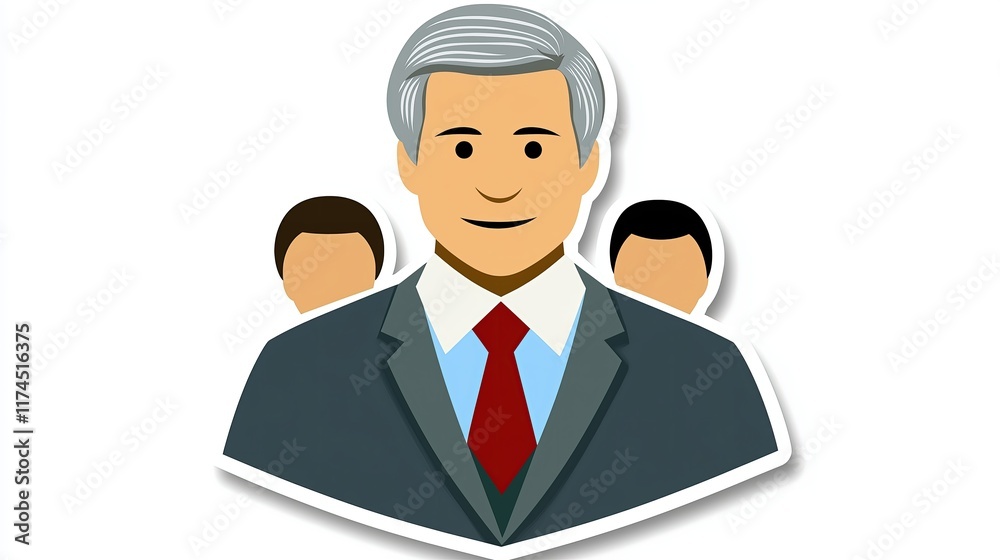 Cartoon illustration of a company manager with two colleagues behind him, white background. Senior project director with gray hair. Elder man in a suit with a red tie Cartoon illustration of a company manager with two colleagues behind him, white background. Senior project director with gray hair. Elder man in a suit with a red tie