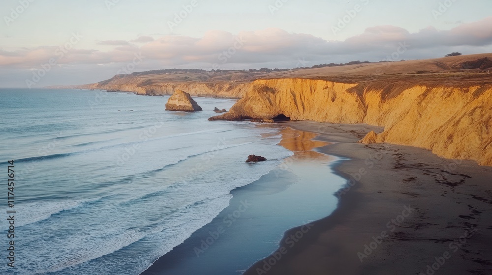 Fototapeta premium Serene Coastal Landscape at Sunset Featuring Golden Cliffs and Gentle Waves Along a Peaceful Shoreline in a Remote Location