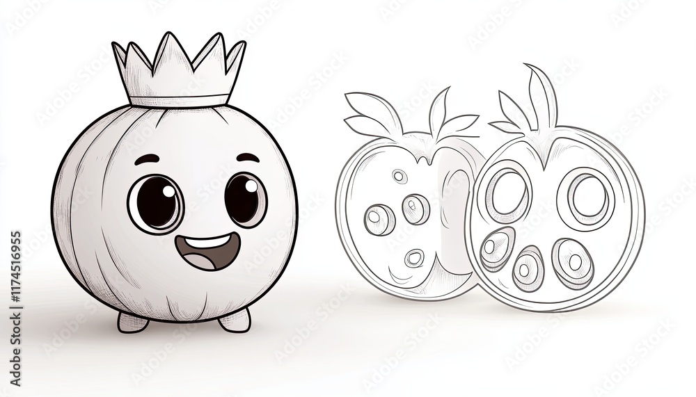 A cute onion character wearing a crown with a sketch of a sliced onion. Suitable for children's books, educational materials, or healthy eating campaigns. A cute onion character wearing a crown with a sketch of a sliced onion. Suitable for children's books, educational materials, or healthy eating campaigns.
