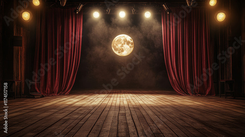 Theater stage with red curtains, spotlights and moon. Theatre interior with empty wooden scene, luxury velvet drapes and decoration, music hall, opera, drama cartoon background, Vector illustration