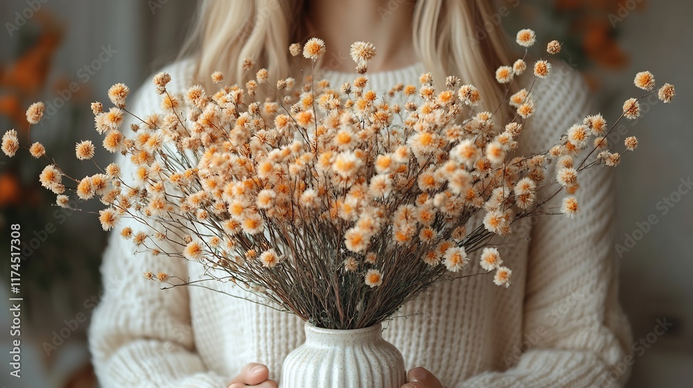 Close-up Photo: Woman Gently Holding a Vase of Dried Flowers Indoors. AI Generated Close-up Photo: Woman Gently Holding a Vase of Dried Flowers Indoors. AI Generated