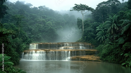 Rainforest stream with flowing water and mist rising up from the forest floor