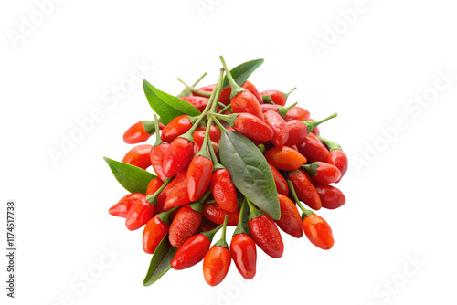 Vibrant Red Goji Berries Cluster with Green Leaves on Transparent Background - Nutrient-Rich Superfood in Natural Setting photo