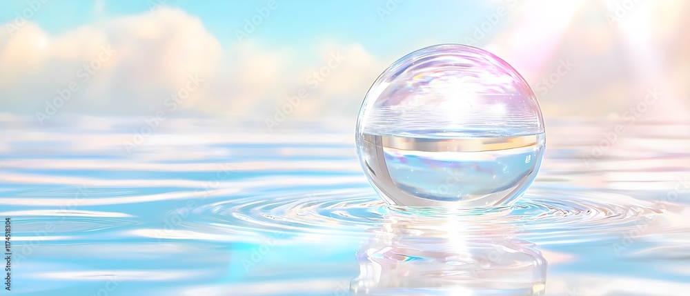 A clear ball is floating on the surface of the water A clear ball is floating on the surface of the water