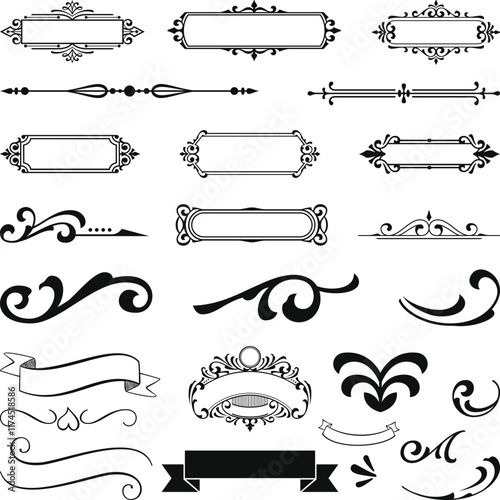 Element design. Logo retro collection, decoration ornament graphic. Label, geometric frame, ribbon flourish, swirl luxury, crown antique. Elegant filigree form. Vector garish calligraphy
