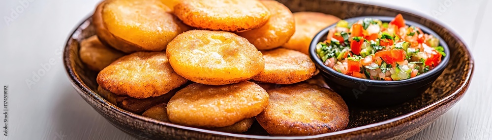 Delicious Golden Fried Snacks Served with Fresh Colorful Salsa on Wooden Table Delicious Golden Fried Snacks Served with Fresh Colorful Salsa on Wooden Table