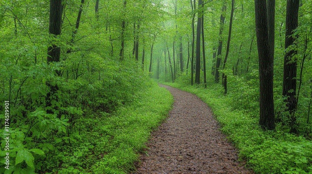 Obraz premium Rainy forest path with large, dripping leaves and a sense of calm after the storm.