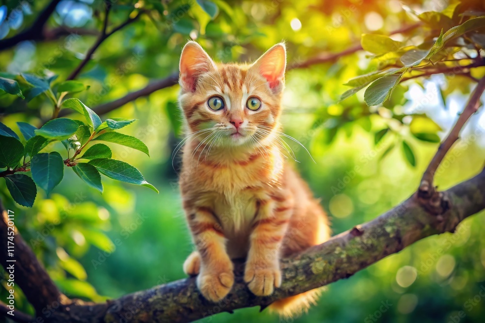 Cute Red Kitten Perched on Tree Branch, Observing Garden Wildlife Cute Red Kitten Perched on Tree Branch, Observing Garden Wildlife