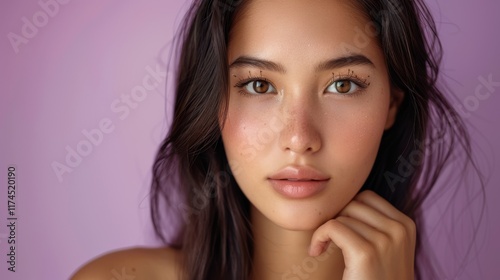 Thai woman with smooth golden tan skin, long straight dark hair, almond-shaped brown eyes, gently touching her chin, against a soft lilac studio backdrop photo