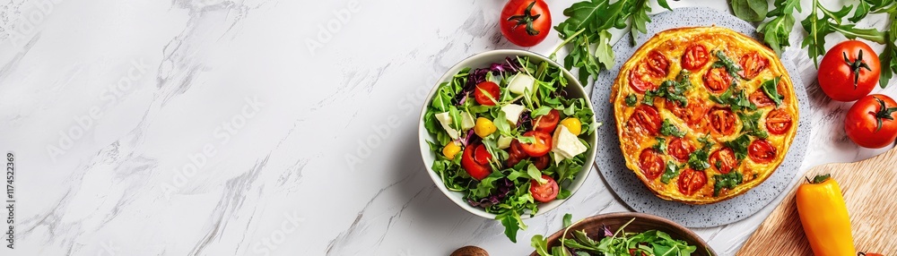 Freshly Made Vegetable Salad and Tomato Quiche on a Marble Countertop with Vibrant Ingredients Freshly Made Vegetable Salad and Tomato Quiche on a Marble Countertop with Vibrant Ingredients