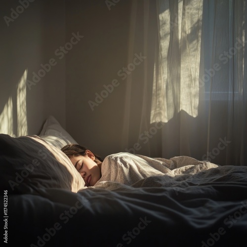 A serene scene of a person peacefully sleeping in a softly lit bedroom.