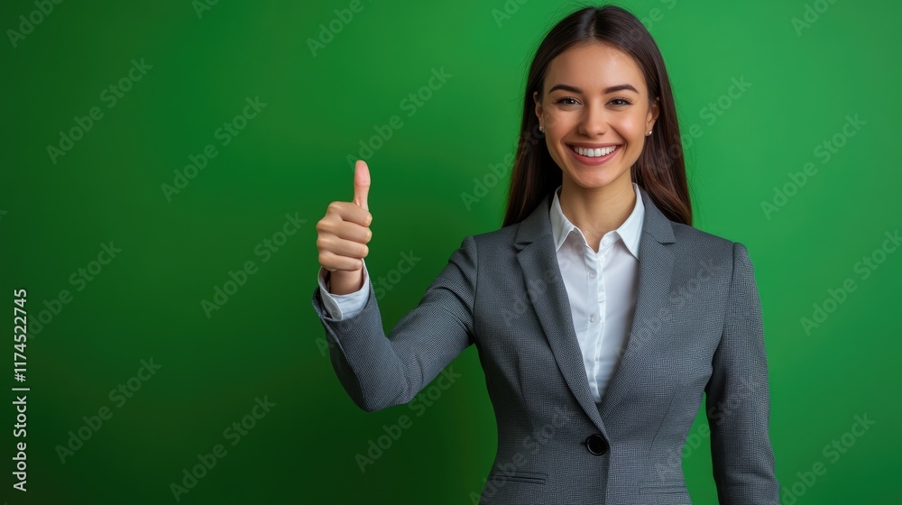 Confident and Positive: A young businesswoman gives a thumbs up in front of a vibrant green background, symbolizing success and optimism. Confident and Positive: A young businesswoman gives a thumbs up in front of a vibrant green background, symbolizing success and optimism.
