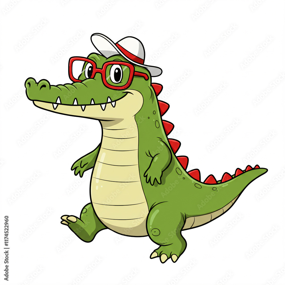 Fototapeta premium Cartoon green crocodile with glasses and a hat.