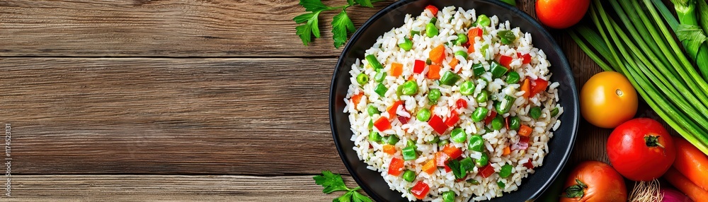 Fresh Vegetable Rice Bowl with Colorful Mixed Veggies and Herbs on Wooden Table