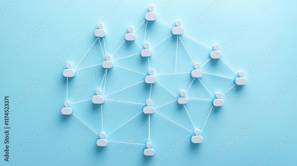 A conceptual image showing a network of blue spheres interconnected by lines, representing complex systems, technology, and communication on a sleek surface. blue light background A conceptual image showing a network of blue spheres interconnected by lines, representing complex systems, technology, and communication on a sleek surface. blue light background