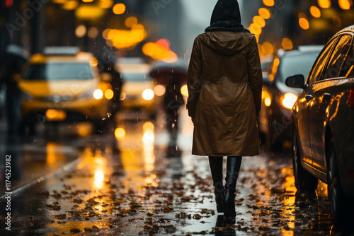 In enchanting symphony of raindrops bustling cityscape becomes a mesmerizing dance of umbrellas and tire tracks as pedestrians scurry with purpose and vehicles navigate glistening streets photo