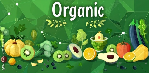 A green background with a variety of fruits and vegetables, including kiwi