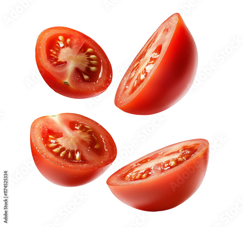 fresh tomato slices isolated on white transparent background, set of ripe tomato pieces, cutout png photo