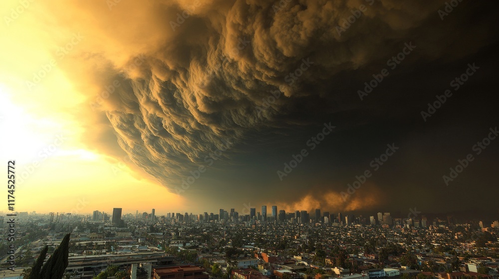 Fototapeta premium Massive storm clouds loom over city skyline at sunset