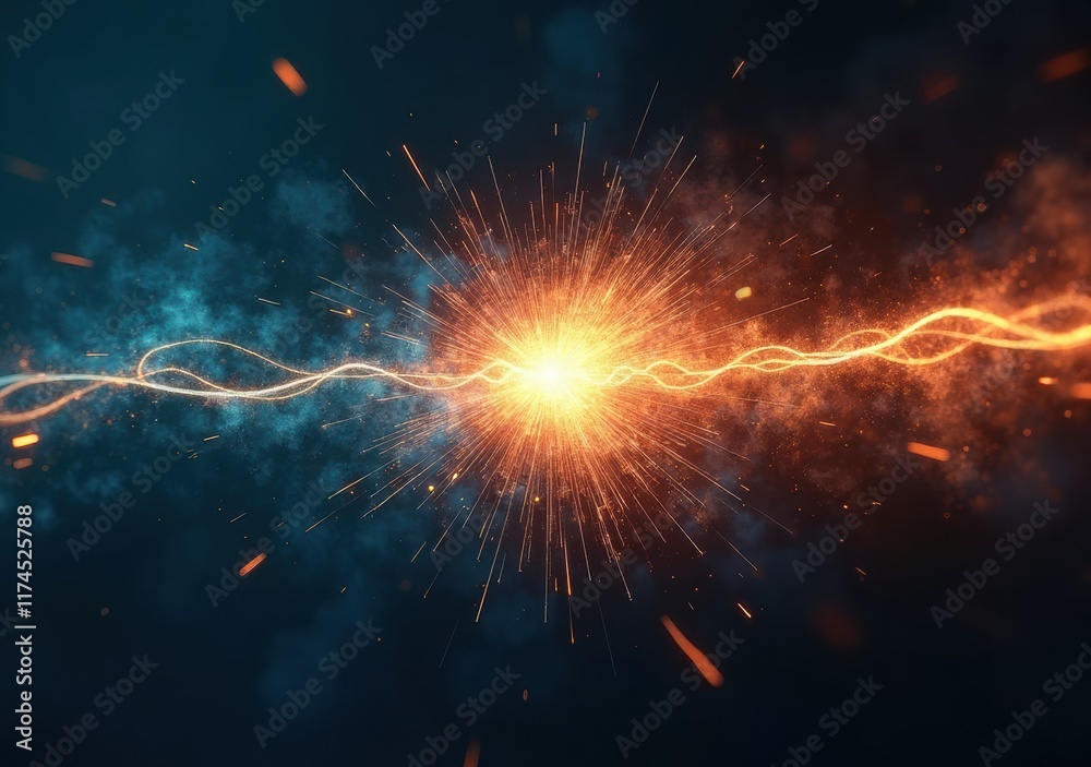 Fototapeta premium Bright explosion in a dark background with sparks and energy waves emanating outward