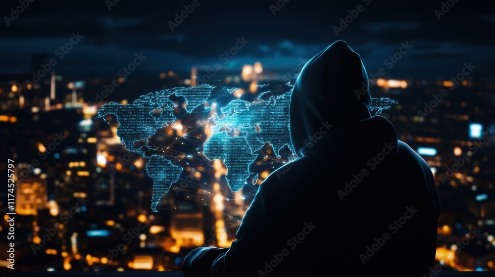 Fototapeta premium A hooded figure gazes over a city skyline, illuminated by digital maps, symbolizing technology, surveillance, and global connectivity.