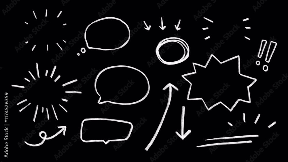 Set of cute doodle icons, wiggle animation stickers: Aura, sunray, speech bubbles, rough circle, exclamation, arrows, pint, underline, shouting chat box, on a transparent back ground, alpha channel 