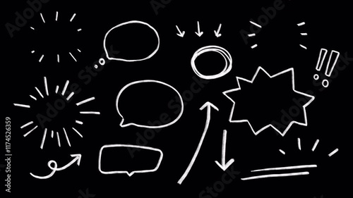 Set of cute doodle icons, wiggle animation stickers: Aura, sunray, speech bubbles, rough circle, exclamation, arrows, pint, underline, shouting chat box, on a transparent back ground, alpha channel 