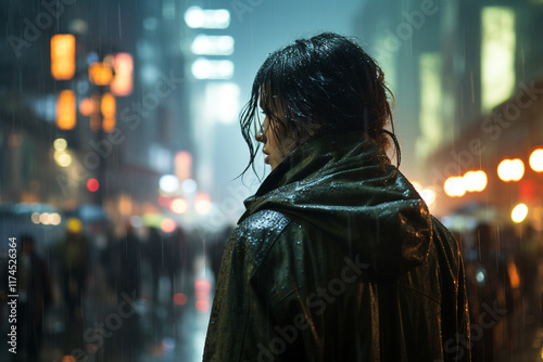 In ethereal realm of nocturnal cityscape, behold brooding and cinematic essence of a rain-soaked street, where luminescence of streetlights dances upon glistening pavement, conjuring an urban tableau  photo