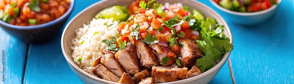 Grilled Chicken Bowl with Rice, Fresh Salsa, and Lime on a Colorful Wooden Table Grilled Chicken Bowl with Rice, Fresh Salsa, and Lime on a Colorful Wooden Table