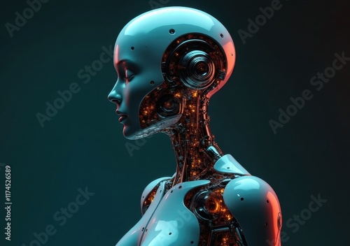 Robotic figure with detailed circuitry lit in a dark futuristic design studio