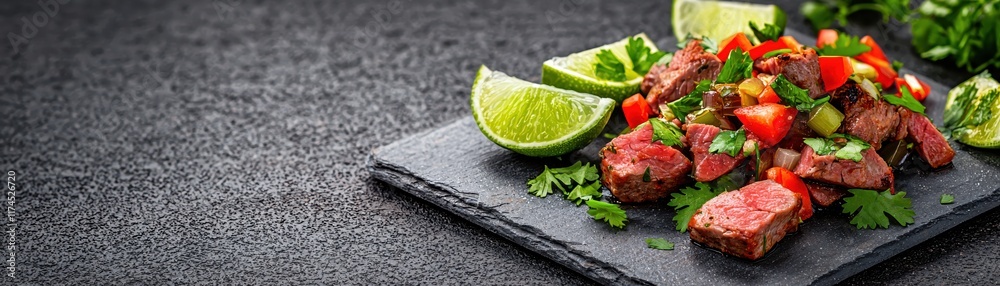 Fresh Grilled Steak with Chopped Vegetables and Lime Slices on Slate Serving Board Fresh Grilled Steak with Chopped Vegetables and Lime Slices on Slate Serving Board