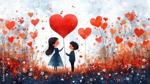 A whimsical illustration of two children holding a heart balloon amidst a field of hearts.