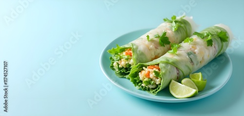 Avocado Summer Rolls Garnished with Fresh Herbs on Bright Blue Plate photo