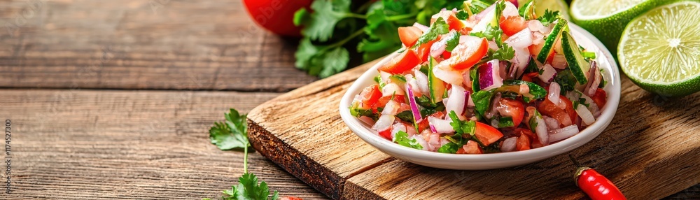 Fresh and Colorful Salsa with Tomatoes, Onions, Cilantro and Lime on Wooden Background Fresh and Colorful Salsa with Tomatoes, Onions, Cilantro and Lime on Wooden Background